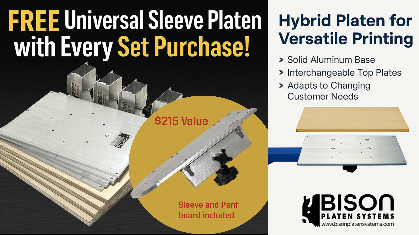 Screen printing platen sets and bundles by Bison Platen Systems